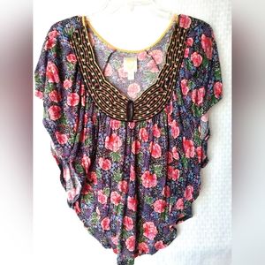 Anthropologie Rio Rao Black Pink Floral Knit Top Medium Chest 34" Boho Festival